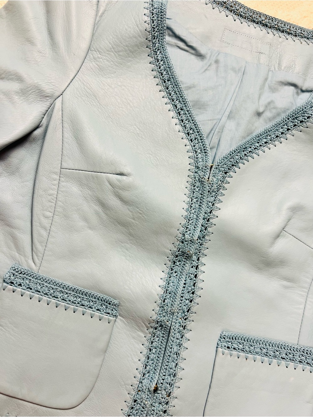 Vtg Nine West Leather Crochet Powder Blue Crop Jacket - Small - Western